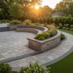 Professional hardscaping company in Del Mar, CA, installing a custom stone outdoor kitchen and patio.