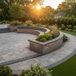 Professional hardscaping company in Del Mar, CA, installing a custom stone outdoor kitchen and patio.